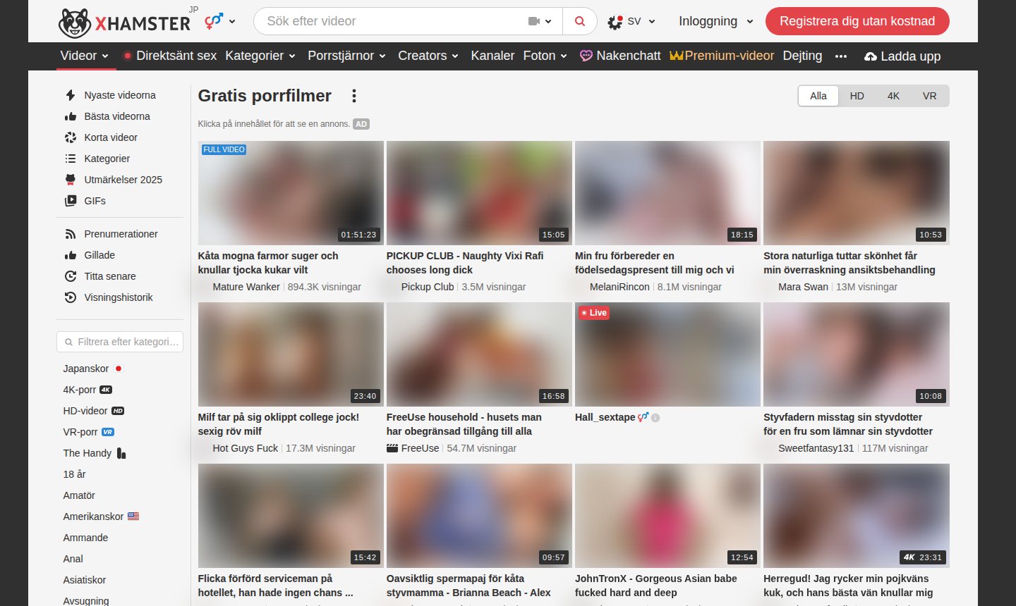 Videolistan på sv.xhamster.com med svensk meny, sidokolumn och rutnät av suddade miniatyrer